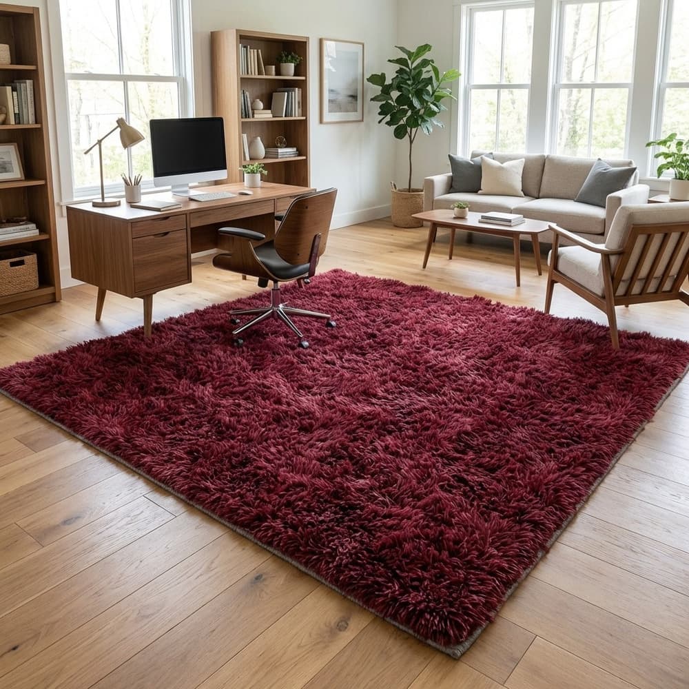 Alfombra Pelo Largo Burdeo Decorativa Sala Oficina 2.4 M 2 M Bordó